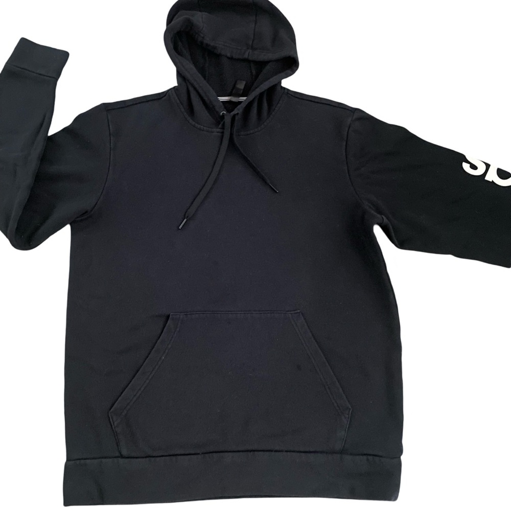 Adidas Hoodie Pullover Sweatshirt Black with White Lettered Sleeve Sz Large